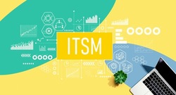 ITSM - Information Technology Service Management theme with a laptop computer on a yellow, green and blue pattern background