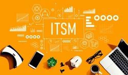 ITSM - Information Technology Service Management theme with electronic gadgets and office supplies - flat lay