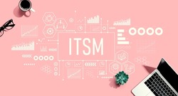 ITSM - Information Technology Service Management theme with a laptop computer on a pink background