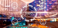 SaaS - software as a service concept with big city lights at night