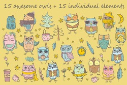  Cute hipster and tribal owls set and other vector individual design elements