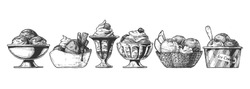 Set of Ice Cream served in different bowl: steel, ceramic, glass, waffle and paper bowls. Vector hand drawn illustration in vintage engraved style. Isolated on white background. 