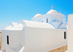 2 Beautiful old white twin churches in Chora the capital of Amorgos island in Greece