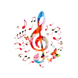 Music notes background. Colorful G-clef and music notes isolated vector illustration