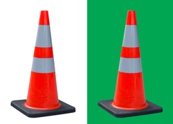 Orange traffic cone white light reflective stripe isolated on white and green background  with clipping path