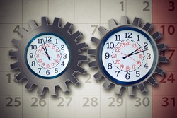 Work schedule business organization planning concept with a clock shaped as a gear or cog wheel and calendar icons as a stress metaphor for time management for a busy work and family life.