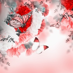 Floral background of roses and butterfly, wild flowers