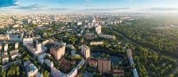 Aerial view of Moscow city over the Sokolniki district at summer sunset