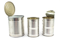 Three open empty tin can isolated on white