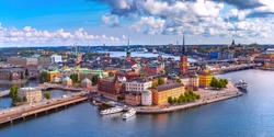 Scenic summer aerial panoramic view of Gamla Stan in the Old Town in Stockholm, capital of Sweden