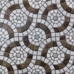 Repeating geometric pattern of small tiles in light brown and dark brown. Can be used as a background for walls or floors.