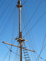Mast of large wooden ship, close-up