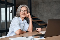 Smiling stylish mature middle aged woman sits at desk with laptop, portrait. Happy older senior businesswoman, 60s grey-haired lady wearing glasses looking at camera sitting at office table. Headshot.
