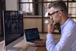 Crypto trader investor analyst broker using pc computer analyzing digital cryptocurrency exchange stock market charts graphs thinking of investing funds risks in trading platform global analytics.
