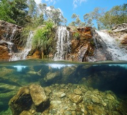 River waterfall split level view over and under water, Spain, Galicia, Pontevedra province, Pozas de Bugalleira