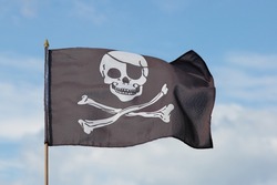 Jolly Roger flag against blue sky