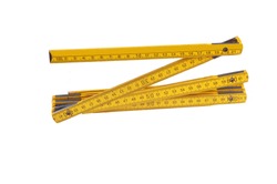 An fold-able yellow European ruler, two meter long, on white background.