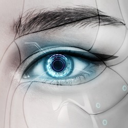 Beautiful glowing cyborg female eye.