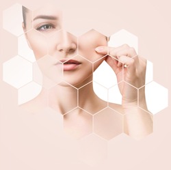 Beautiful female face in honeycombs. Spa and face lifting concept. Beige background.
