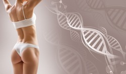 Perfect sporty female body near DNA stems. Over beige background. Good metabolism concept.