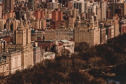 Panoramic elevated view of Central Park, and Upper West Side in Fall. Manhattan, New York City, USA