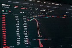 Global fall of cryptocurrency graph - FTT token fell down on the chart crypto exchanges on app screen. FTX exchange bankruptcy and the collapse depreciation of token
