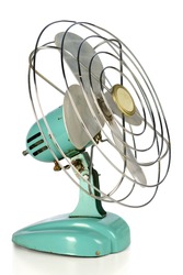 Aqua green vintage fan isolated over white background