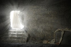 Jesus leaving empty tomb while light shines from the outside