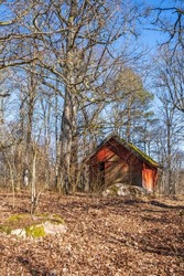 Old red shed by a woodland trail