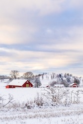 Red barn in a wintry view in the countryside