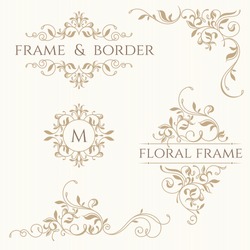 Set of decorative  borders and monograms. Template signage, labels, stickers, cards. Graphic design page. Classic design elements for wedding invitations.