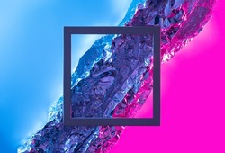 Aluminium foil surface with dark square frame. Futuristic abstract background.