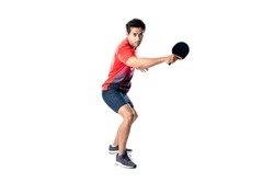 Portrait of sports man male  athlete playing table tennis isolated on white background.