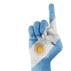 Argentina flag on hand with a white background.