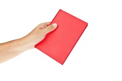 Red book with hand isolated on white background