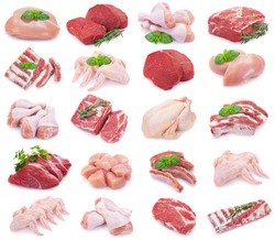 collection of raw meat isolated on white background
