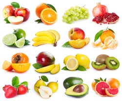 collection of fresh fruits on white background