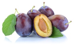 Plums plum prunes prune slice leaves fruits fruit isolated on a white background