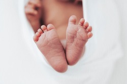 Newborn  baby feet photographed on white background.