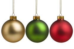 Gold, red and green Christmas baubles isolated on white background for holiday decoration.