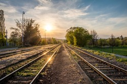 Spring sunset on railway tracks - Czech Republic, Europe