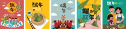 Set of wallpaper for social media stories, cards, flyers, posters, banners and other promotion. Dragon Boat Festival illustrations and objects. Translation: Happy Dragon Boat Festival.