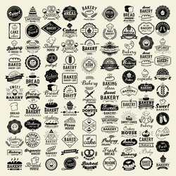 100 Bakery logotypes set. Bakery typography, logos, badges, labels, icons and objects.