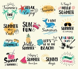 Summer labels, logos, hand drawn tags and elements set for summer holiday, travel, beach vacation, sun. Vector illustration.