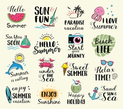 Summer labels, logos, hand drawn tags and elements set for summer holiday, travel, beach vacation, sun. Vector illustration. 