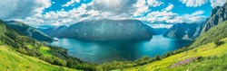 Sogn And Fjordane Fjord, Norway. Panorama Panoramic View Of Amazing Fjord Sogn Og Fjordane. Summer Scenic View Of Famous Natural Attraction Landmark And Popular Destination In Summer.