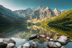 Tatra National Park, Poland. Famous Mountains Lake Morskie Oko Or Sea Eye Lake In Summer Morning. Five Lakes Valley. Beautiful Scenic View. European Nature. UNESCO's World Network of Biosphere