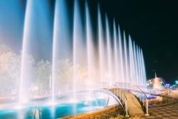Batumi, Adjara, Georgia. Singing And Dancing Fountains Is Local Landmark At Boulevard Fountains. Night Illuminations.