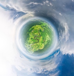 Aerial View Green Forest Woods And River Landscape In Sunny Summer Evening. Top View Of Beautiful European Nature From High Attitude. Drone View. Bird's Eye View. Little Small Planet Concept