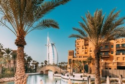 View of Madinat Jumeirah Arabian Resort. Beautiful view of hotel Burj Al Arab from Madinat Jumeirah in sunny summer day. Luxury resort in Dubai.